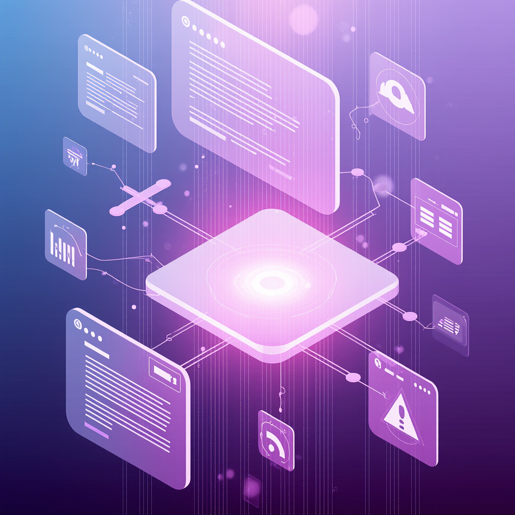 Abstract machine learning algorithms visualization with neon purple data flow streams on dark blue gradient background, no people
