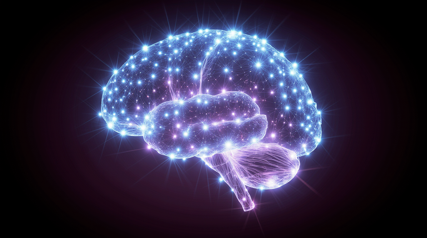 Futuristic glowing neural network visualization with blue and purple nodes connected by beams of light, abstract digital brain concept, dark background, cinematic lighting, no people